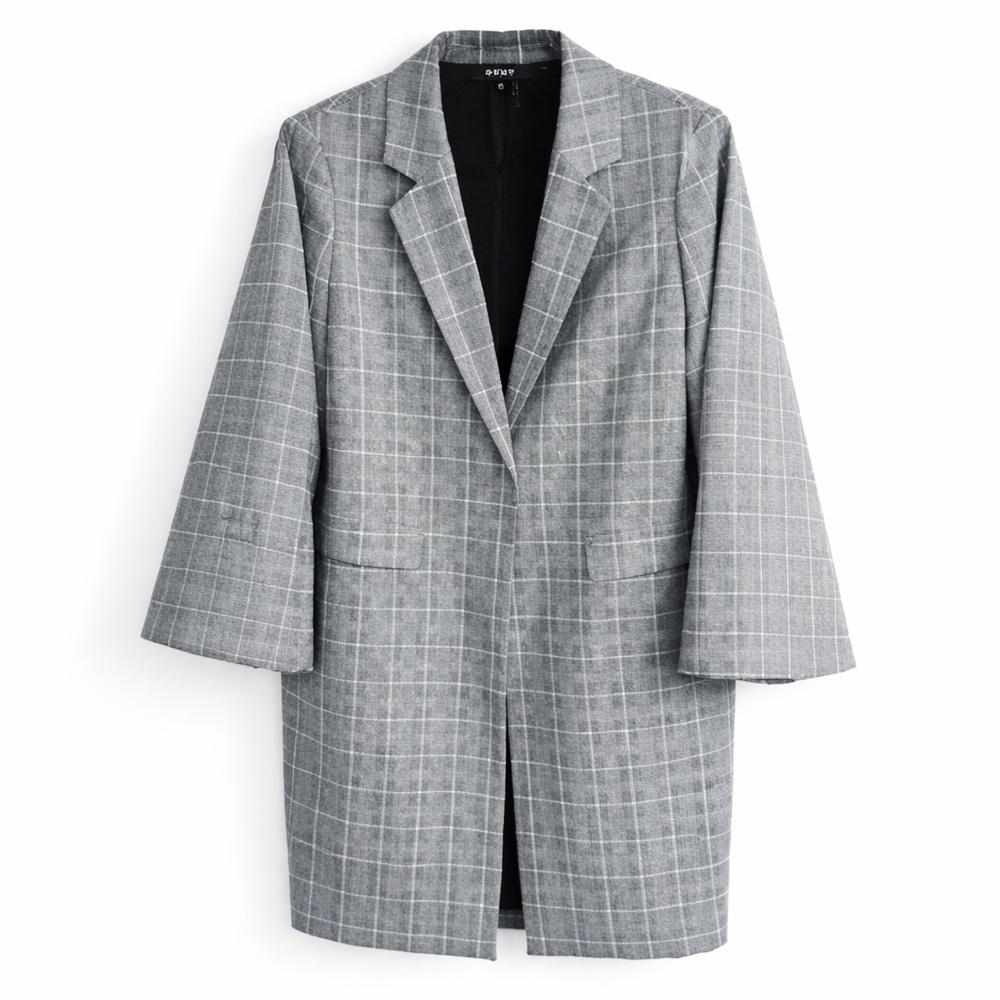 DKNY Gray Long Plaid Duster Jacket